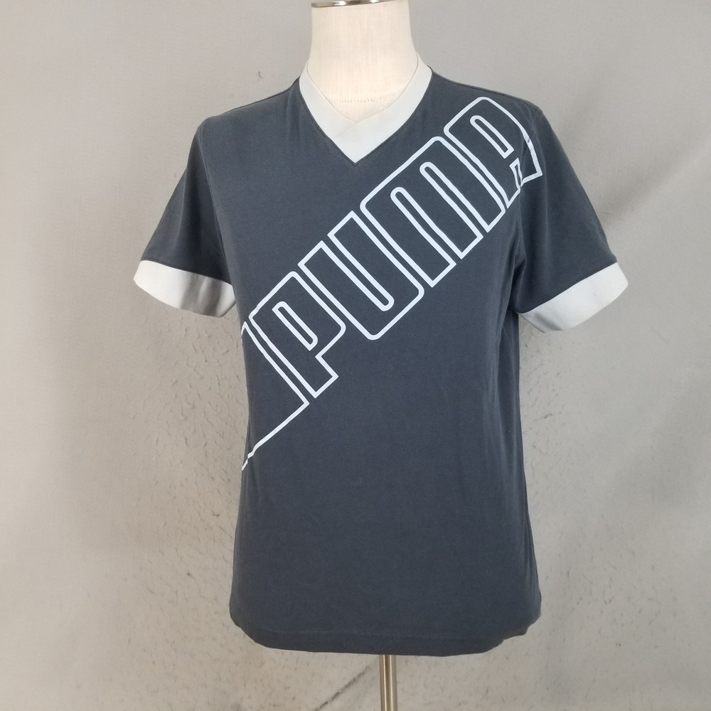 Puma T-Shirt Mens Large Gray V-Neck Big Logo Ringer Short Sleeve Athletic Tee